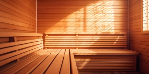 Poster - A cozy sauna room with a bench and a window. Perfect for relaxation and rejuvenation after a long day. Suitable for health and wellness publications