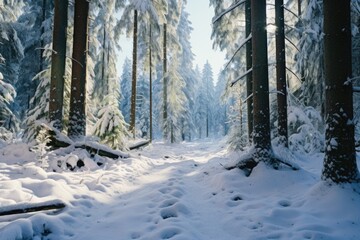 Poster - A picturesque snow covered path winding through a beautiful snowy forest. Perfect for winter landscapes or nature-themed projects