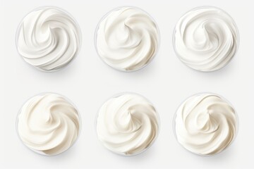 Poster - A picture of six bowls of whipped cream on a white surface. Suitable for food and dessert-themed projects