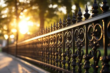 Wall Mural - A captivating image of a black iron fence with a beautiful sunset in the background. Perfect for adding a touch of elegance and mystery to any project