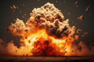 Poster - A powerful explosion with billowing smoke and intense flames. This image captures the dramatic moment of an explosion in mid-air.