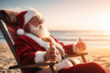 Poster - Santa Claus enjoying a moment of relaxation on the beach. Perfect for holiday-themed designs and advertising campaigns