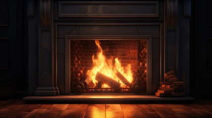 Poster - A cozy fireplace with a warm fire burning inside. Perfect for creating a warm and inviting atmosphere.