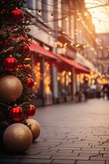 Aufkleber - A vibrant street adorned with numerous red and gold ornaments, creating a festive atmosphere. Perfect for holiday-themed projects or advertisements