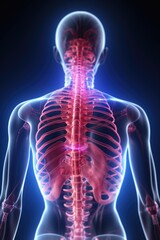 Poster - A human skeleton with a highlighted spine. Perfect for educational or medical purposes