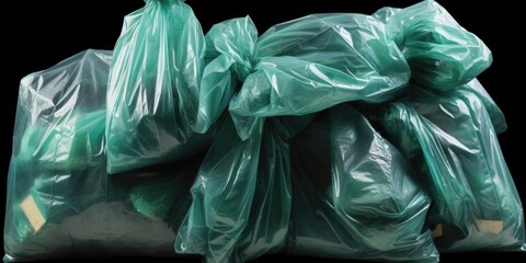 Poster - A pile of green plastic bags stacked on top of each other. Can be used to represent recycling, environmental issues, or waste management
