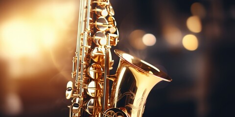 Poster - A golden saxophone against a black background. Suitable for music-related projects