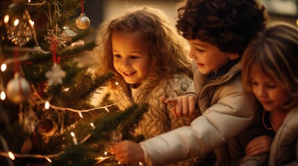 Canvas Print - Group of children gathered around a beautifully decorated Christmas tree. Perfect for holiday-themed projects