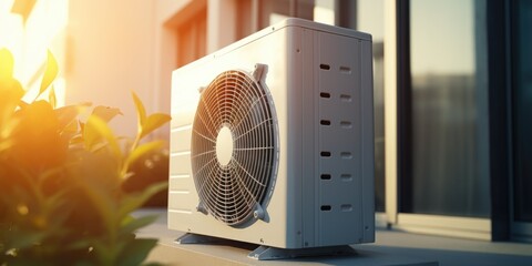 Poster - A white air conditioner sitting on top of a window sill. Suitable for home or office cooling needs