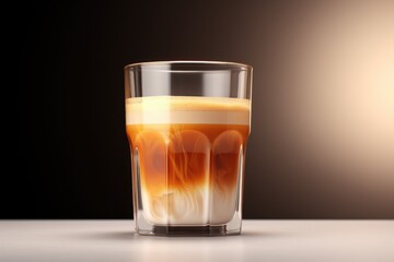 Poster - Glass filled with liquid sitting on a table. Suitable for various uses