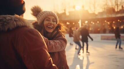 Aufkleber - A couple standing on a frozen lake or icy surface. Suitable for winter, outdoor activities, love, and relationships