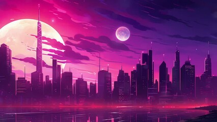 Wall Mural - Synthwave tech Vintage retro pink purple vaporwave synthwave city town buildings cityscape background at sunset. Graphic Art - Seamless loop animation, created using AI Generative Technology