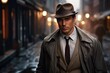 Male model in a classic detective outfit, solving mysteries in an urban alley