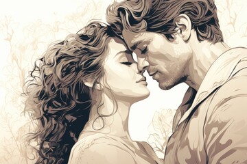Poster - A painting of a man and a woman kissing. Suitable for romantic themes and love-related concepts