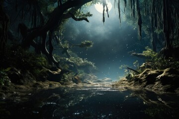 Poster - A dark forest with a stream running through it. Perfect for nature and landscape enthusiasts