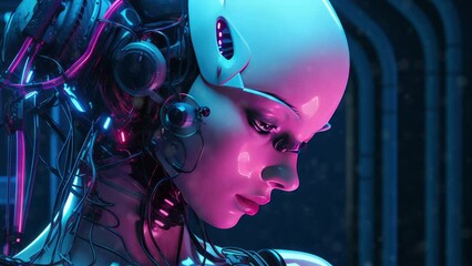 Wall Mural - Synthwave tech Artificial android human with wires in the head. 3D in retrofuturistic sci-fi style. - Seamless loop animation, created using AI Generative Technology