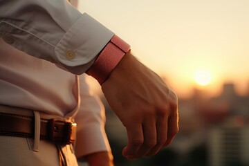 Poster - A close-up view of a person wearing a watch. This image can be used to showcase style, fashion, or punctuality