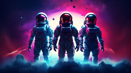 Wall Mural - adventure of three spacemen or astronauts on mars.