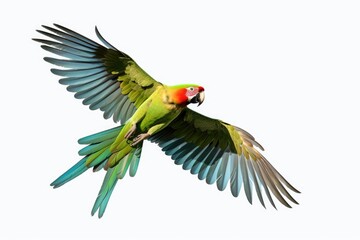 Poster - A vibrant parrot with green and red feathers soaring through the air. Perfect for nature enthusiasts and bird lovers