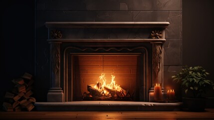 Poster - A cozy fireplace with a crackling fire next to a vibrant potted plant. Perfect for adding warmth and life to any space