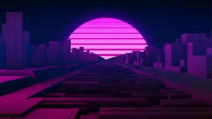 Poster - Trendy retro futuristic pink and blue neon 3d road among cyberpunk city with sun on background. 3D render. Retrowave VJ videogame landscape, neon lights and low poly terrain grid. Seamless loop