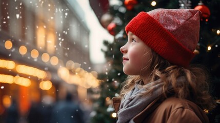 Canvas Print - A young girl standing in front of a beautifully decorated Christmas tree. Perfect for holiday-themed projects or family celebrations