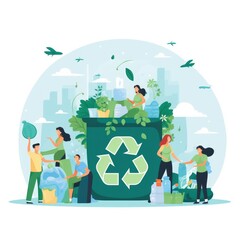 Sustainable lifestyle set. People are collecting plastic waste in the recycling bin while trying to save the planet earth and following a vegan diet. set of icons