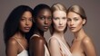 © goami - young multiracial women studio shot, caucasian and afro female multiethnic diversity concept, fashion models with perfect skin looking at camera