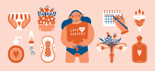 Wall Mural - Woman during menstruation. Cartoon character. Clip arts with female pads, tampon, container, menstrual cup, panties, flowers, calendar, reproductive system, hygiene products. Love my periods. 