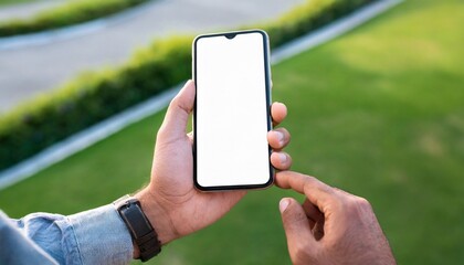 Close up of man hand holding modern smart phone mockup, landscape background