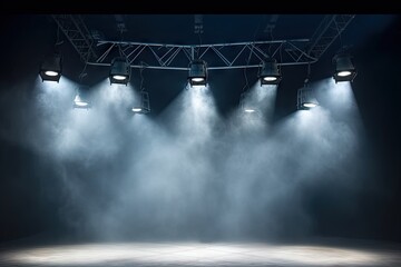 Dynamic stage lights. Electrifying stage illuminated with vibrant lights smoke and beams creating visually stunning atmosphere. Lively and energetic setting is perfect for concerts events and shows