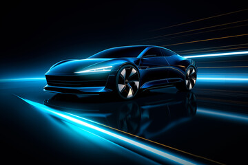 Wall Mural - black sports or luxury car wallpaper with a fantastic blue light effect background