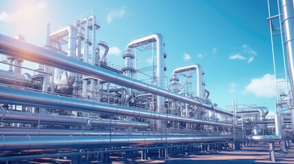 Poster - A collection of pipes in a large industrial area. This image can be used to depict infrastructure, manufacturing, or industrial processes