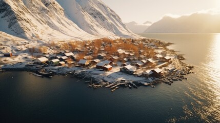 Poster - A captivating aerial view of a small village nestled in the mountains. Perfect for travel brochures or websites showcasing scenic destinations.