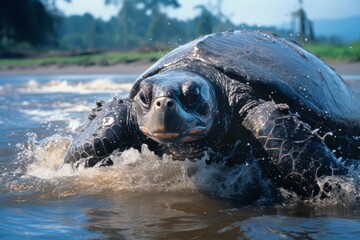 Large leatherback sea turtle in the ocean 