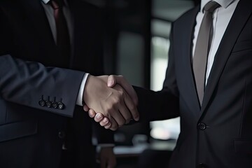 Two businessman shake hand with partner to celebration partnership and business deal