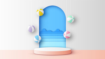 Wall Mural - Summer circle stage podium with sea view and beach ball hanging. Summer mockup template. paper cut and craft style. vector, illustration.