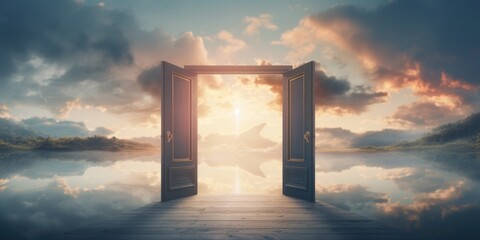 Aufkleber - An open door leading to a beautiful sky. This image can be used to represent new opportunities, freedom, and a fresh start