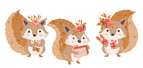 Wall Mural - Cute squirrel forest set. Animal collection character with gift and flower Vector happy funny greeting card for Valentine day and birthday.