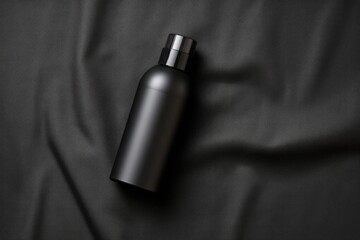 blank black body spray bottle isolated black fabric, mockup, product presentation