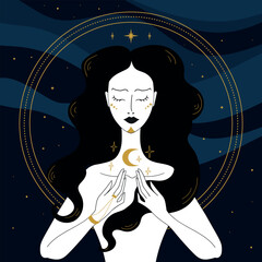 Mystical Sorceress or witch with stars and crescent on night sky background. Witchcraft vector illustration