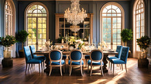 Elegant Dining Room With Tufted Chairs And Crystal Chandelier