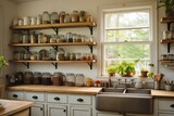 Fototapeta  - A charming kitchen with open shelving filled with mason jars and rustic pottery, featuring a farmhouse sink and a vintage-inspired gas stove