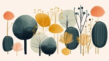 Floral Illustration In Minimalist Style. Garden Elements. Trees, Leaves, Plants, Branches. Bright Colors