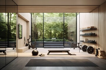 A minimalist home gym with mirrored walls, sleek workout equipment, and concealed storage, creating a functional and uncluttered exercise space.