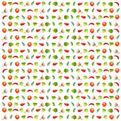 Wall Mural - Fresh colored vegetables seamless pattern on white background. Packaging, textile, shopping bag.