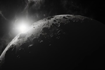 Poster - A black and white photo of the moon. Perfect for astronomical studies or creating a moody atmosphere in designs
