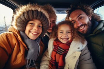 Poster - A picture featuring a man, two women, and a child inside a car. This versatile image can be used to represent family road trips, car journeys, or transportation themes