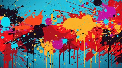 Poster - Colorful paint splatters on a vibrant blue background. Perfect for artistic projects and creative designs
