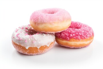 Poster - Three delicious donuts with pink and white sprinkles on a clean white surface. Perfect for bakery advertisements or food-related designs